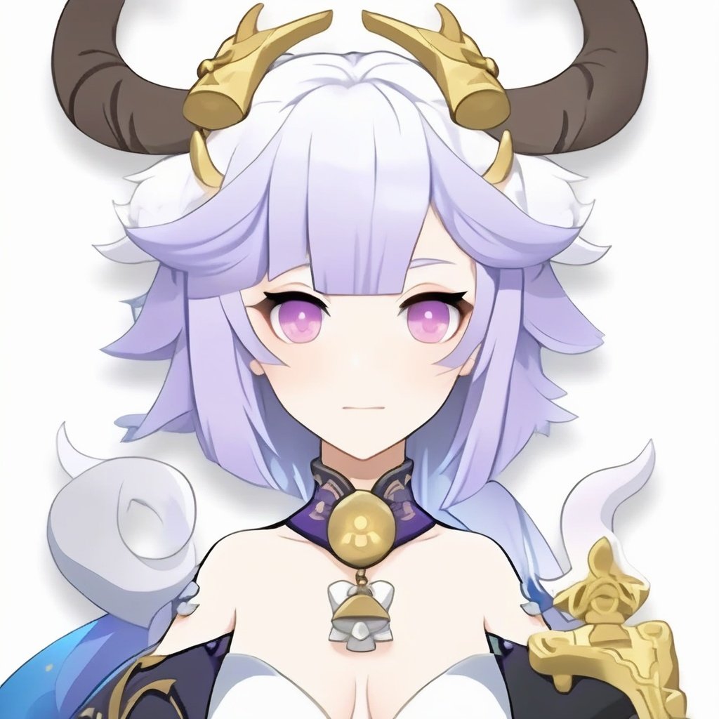 masterpiece,best quality,avatar,head photo,anime character avatar, ganyu_\(genshin_impact\), bell, horns, 1girl, detached_sleeves, goat_horns, cowbell, purple_eyes, ahoge, simple_background, bare_shoulders, medium_breasts, closed_mouth, blue_hair, bodysuit, white_background, breasts, upper_body<lora:原神头像-000004:0.85>