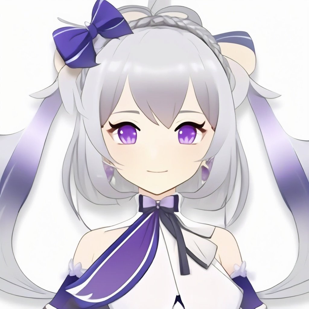 masterpiece,best quality,avatar,head photo,anime character avatar, 1girl, solo, bow, long_hair, purple_eyes, hair_bow, white_background, simple_background, grey_hair, bangs, hair_between_eyes, dress, bare_shoulders, blue_bow, upper_body, hair_cones, gloves,<lora:原神头像-000004:0.85>