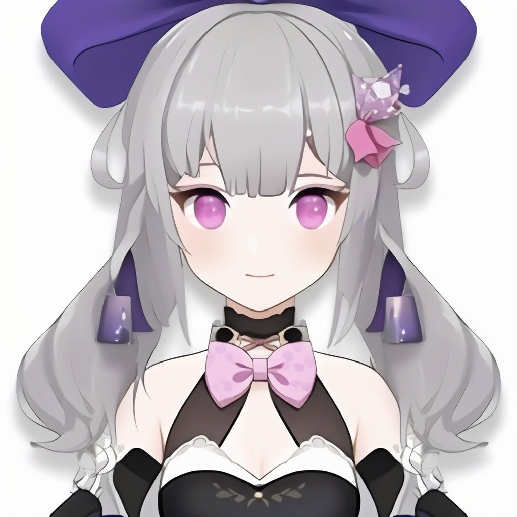 masterpiece,best quality,avatar,head photo,anime character avatar, 1girl, solo, bow, long_hair, looking_at_viewer, purple_eyes, hair_bow, white_background, simple_background, grey_hair, bangs, hair_between_eyes, dress, bare_shoulders, blue_bow, upper_body, hair_cones, gloves, pink_eyes,<lora:原神头像-000004:0.85>