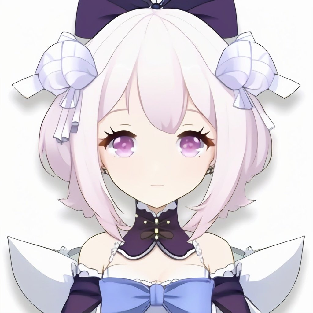 masterpiece,best quality,avatar,head photo,anime character avatar, 1girl, solo, bow, long_hair, looking_at_viewer, purple_eyes, hair_bow, white_background, simple_background, grey_hair, bangs, hair_between_eyes, dress, bare_shoulders, blue_bow, upper_body, hair_cones, gloves, pink_eyes,<lora:原神头像-000004:0.85>