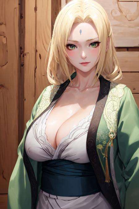 highres, sharp focus, pixiv masterpiece, ((intricate details)), highly detailed,  upper body, 1girl, mature, blonde hair, blue forehead mark, white kimono, green jacket, sash, tsunade_senju, <lora:Tunade_Senju_v1_1:0.8>, 