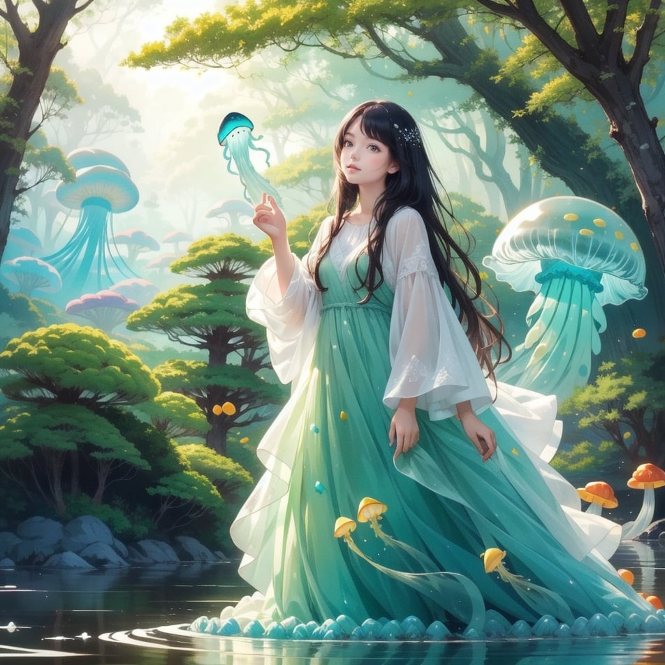 green jellyfish,(jellyfishforest:1.4), 1girl, mushroom, dress, long hair, scenery, white dress, solo, nature, water, wading, outdoors, tree, standing, black hair, fantasy, forest 