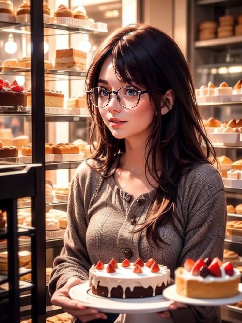 1girl, city, portrait, cake bakery, glasses, long hair, straight hair