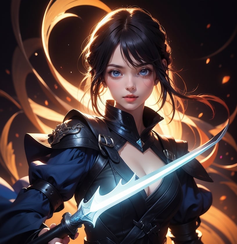 ((masterpiece, best quality)),a girl holding a sword, in the style of dark azure and light azure, mixes realistic and fantastical elements, vibrant manga, uhd image, glassy translucence, vibrant illustrations。