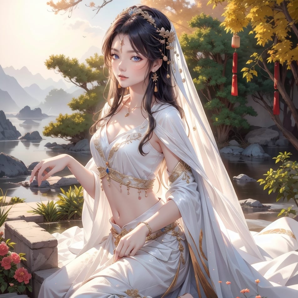 navel, china goddess, shiny skin best quality, masterpiece, 1girl, solo, long hair, straight hair, white hair, jewelry, earing, sky, cloud, colorful, shawl, ancient chinese backgroundbest quality, masterpiece, HD, Ultra realistic, CG, 8K, 32K, ray tracing, light, masterpiece,ultra realistic,32k,extremely detailed CG unity 8k wallpaper, best quality, vibrant colors, <lora:ChinaGoddessV2:0.5>