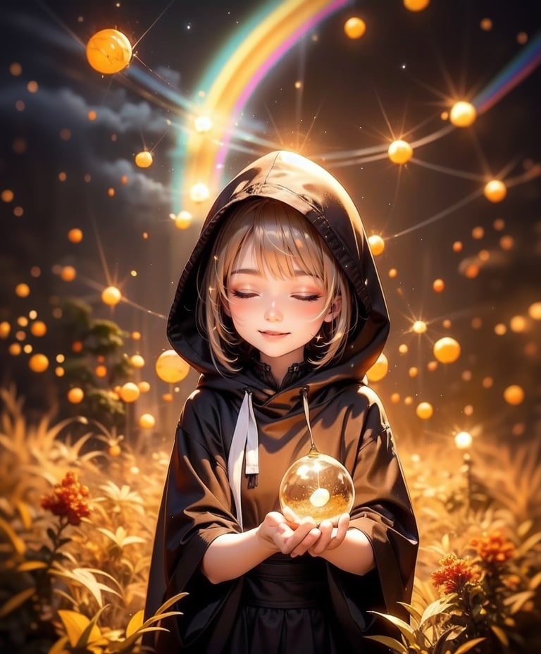 (masterpiece, high res, best quality), 1 girl, priestess, hood, closed eyes,Night, night sky, meadow, surrounded by fireflies, surrounded by small light balls, circled by small light balls, Cheerful smile, holding out hands to catch fireflies, holding out hands to catch light balls, illuminate by small light balls, rainbow colored small light balls, tornado of fireflies, bokeh,  <lora:Magical:0.3>