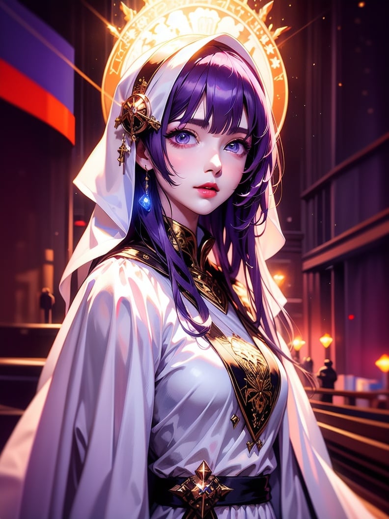 1girl, Priestess, in the city, night, portrait, white clothes, purple hair, (realistic, ultra realistic) <lora:Magical:0.65>