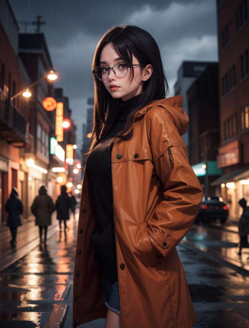 1girl,night city,rain,coat,hands in pockets, center, long hair, straight hair, glasses