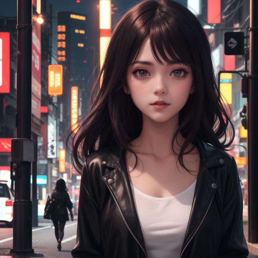 1girl, looking at viewer, walking on the street, night, bokeh, upper body, cyberpunk, face focus