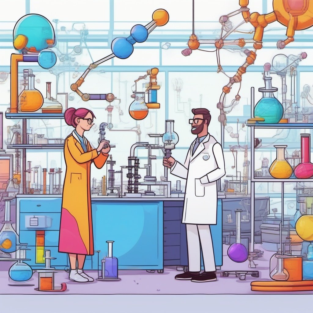 A couple in a science park, doodle world,chemistry instruments,colourful,8k
