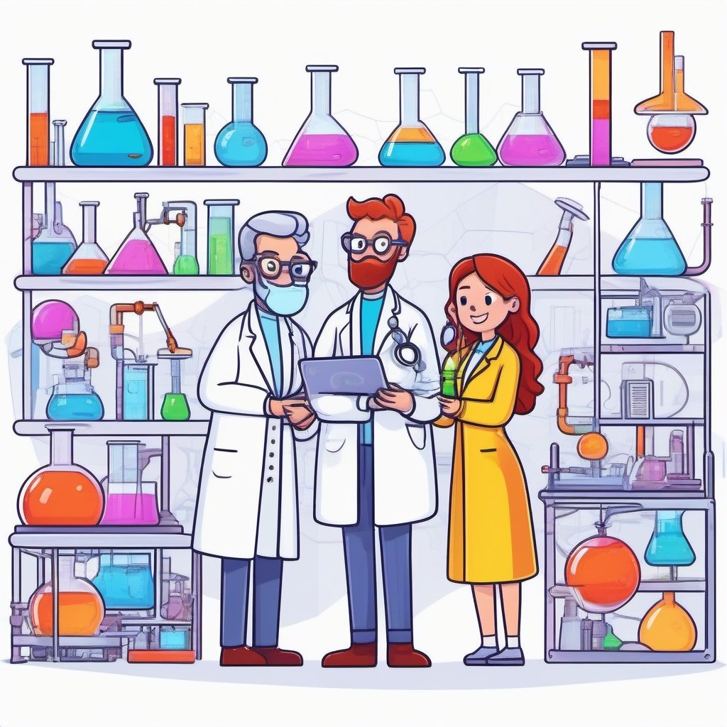 A couple in a science park, doodle world,chemistry instruments,colourful,8k
