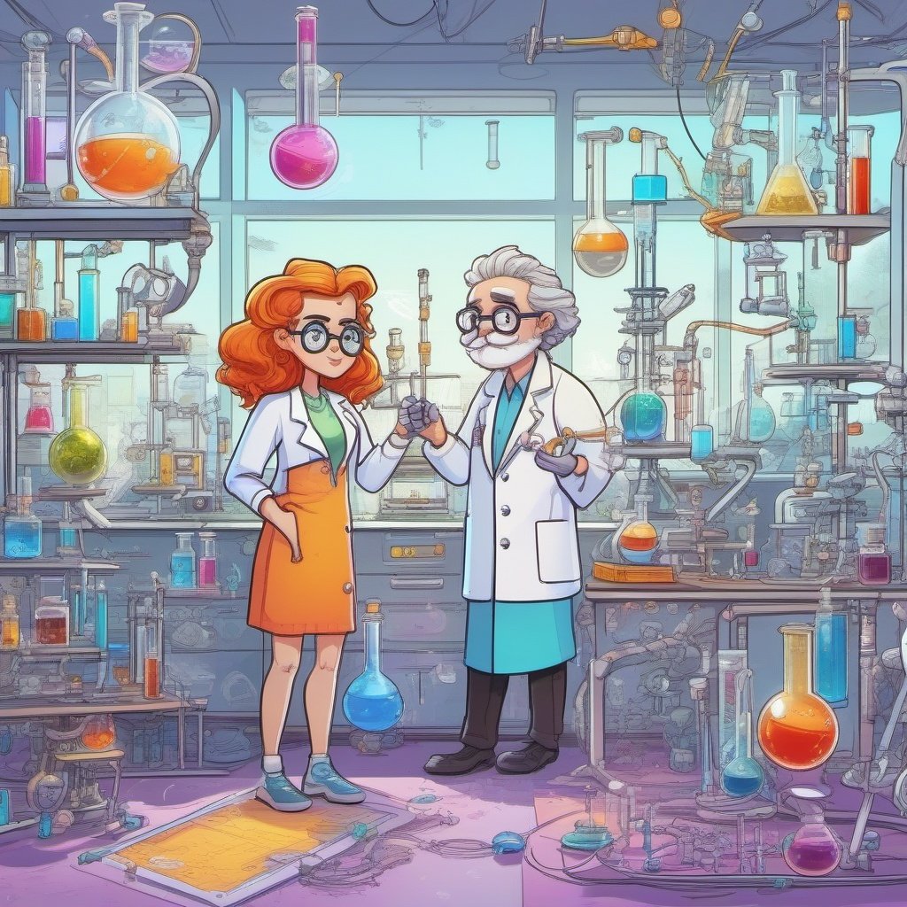 A couple in a science park, doodle world, chemistry instruments,colourful,8k
