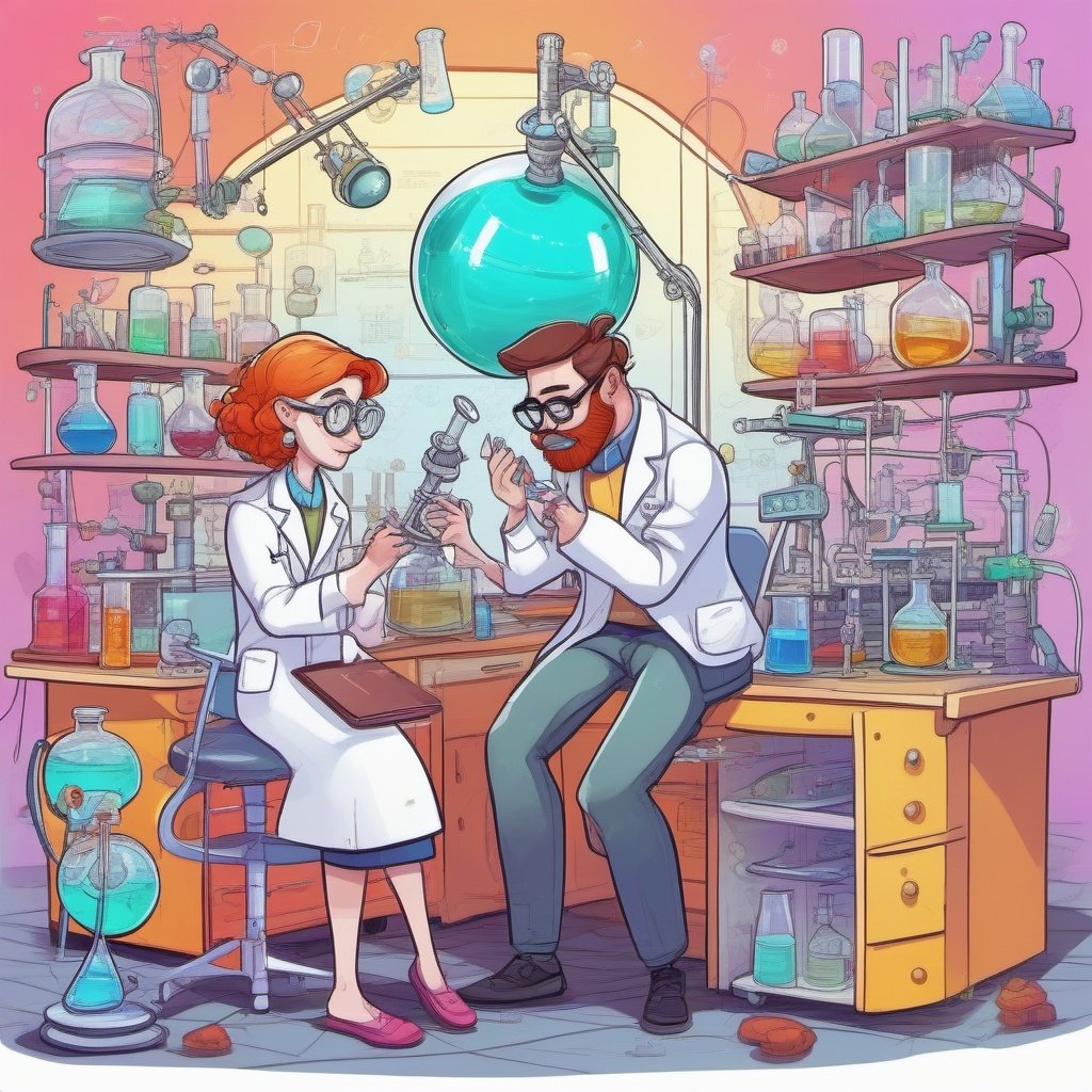 A couple in a science park, doodle world,chemistry instruments,colourful,8k
