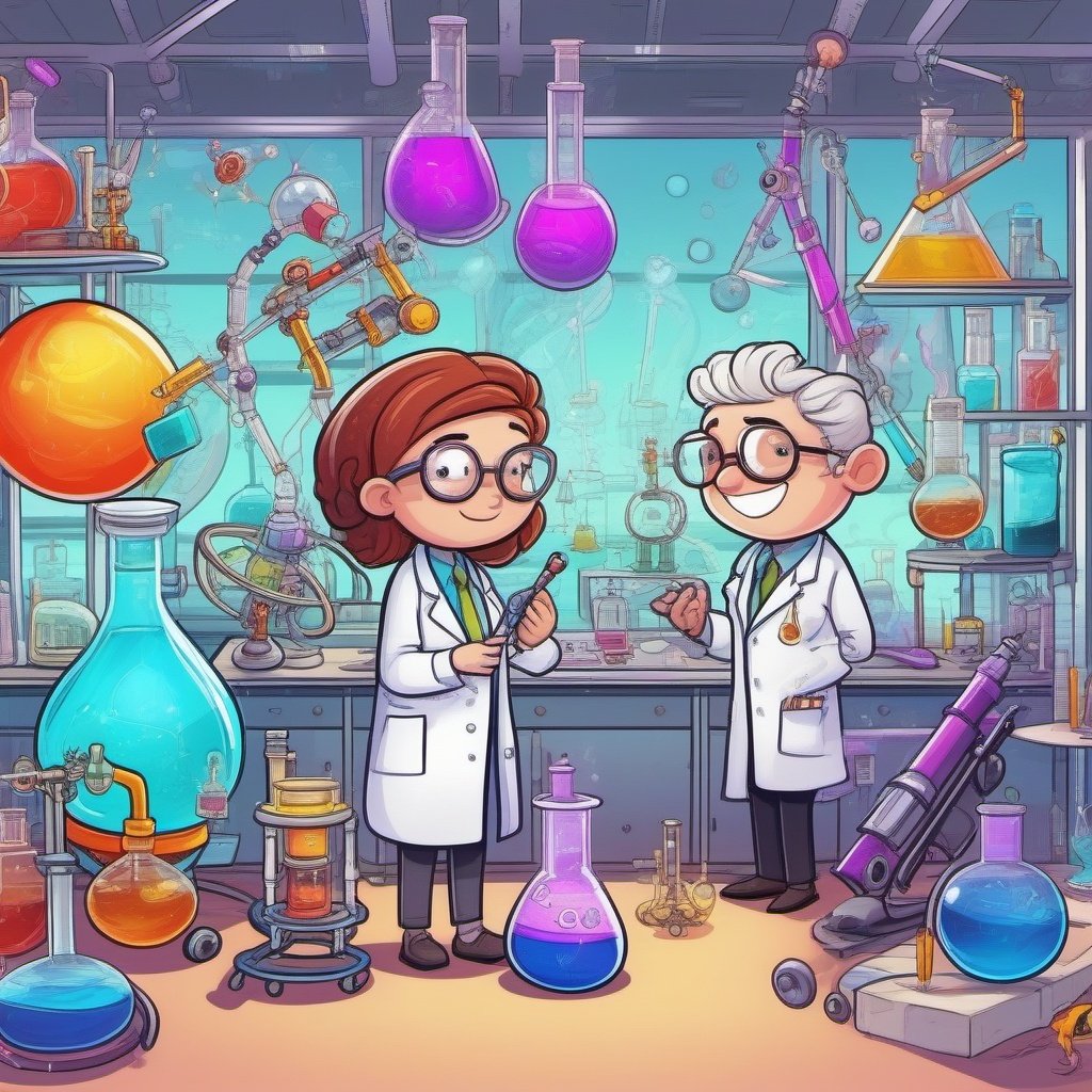 A couple in a science park, doodle world,chemistry instruments,colourful,8k
