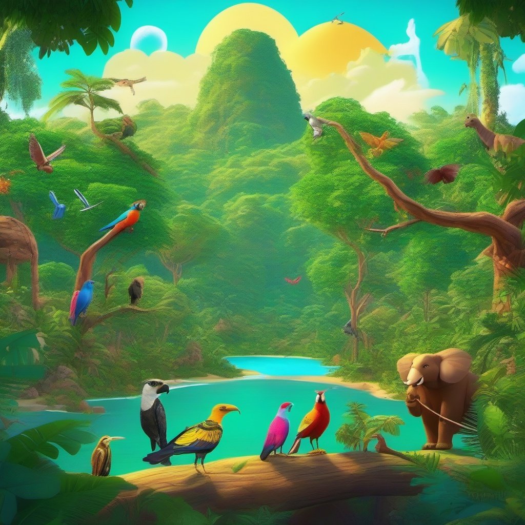  Amazon rainforest , sky, trees, wildlife, camp, different animals,beautiful, creative, doodle, unreal engine 
colourful,8k
