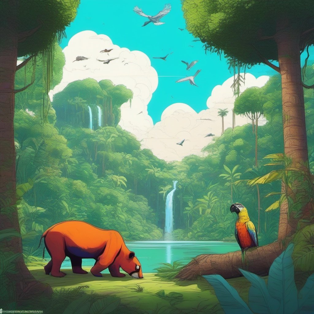  Amazon rainforest , sky, trees, wildlife, camp, different animals,beautiful, creative, doodle, unreal engine 
colourful,8k
