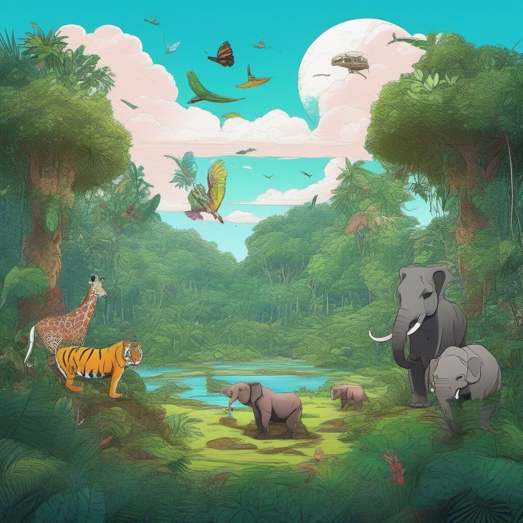  Amazon rainforest , sky, trees, wildlife, camp, different animals,beautiful, creative, doodle, unreal engine 
colourful,8k
