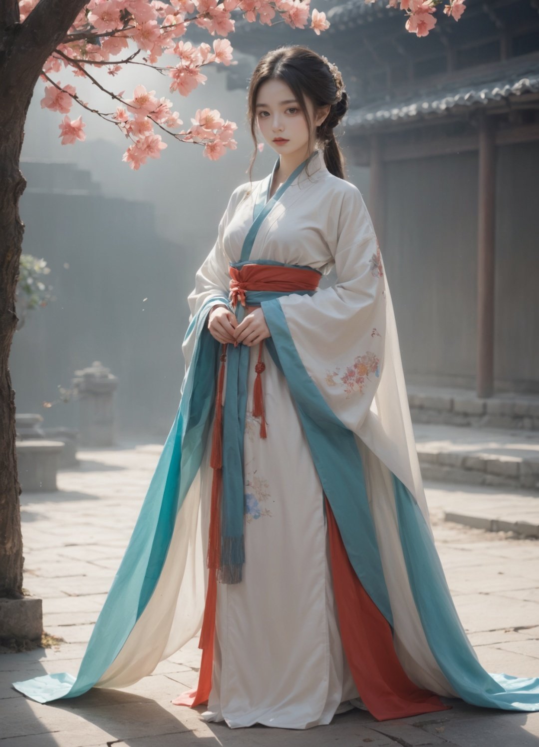 a girl in a hanfu dress, 1girl, solo, realistic, full body<lora:SweetLolita:0.8>