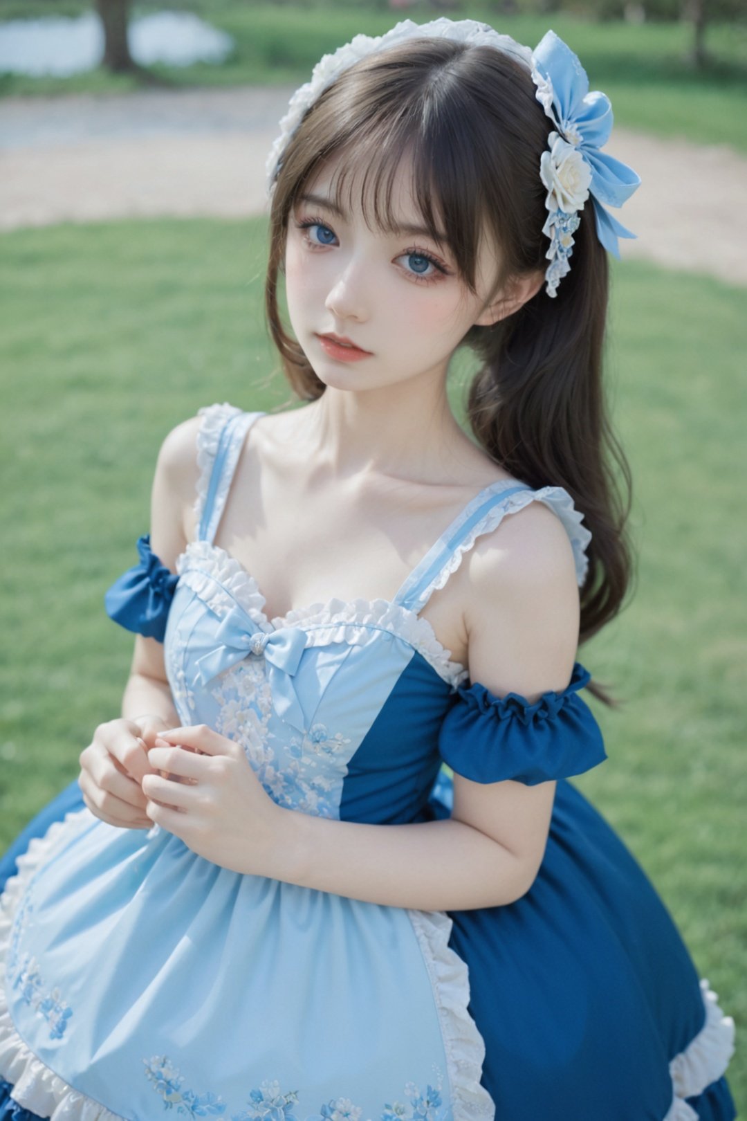 a girl in a lolita dress, lolita_fashion, blue and black,1girl, solo, realistic, full body
