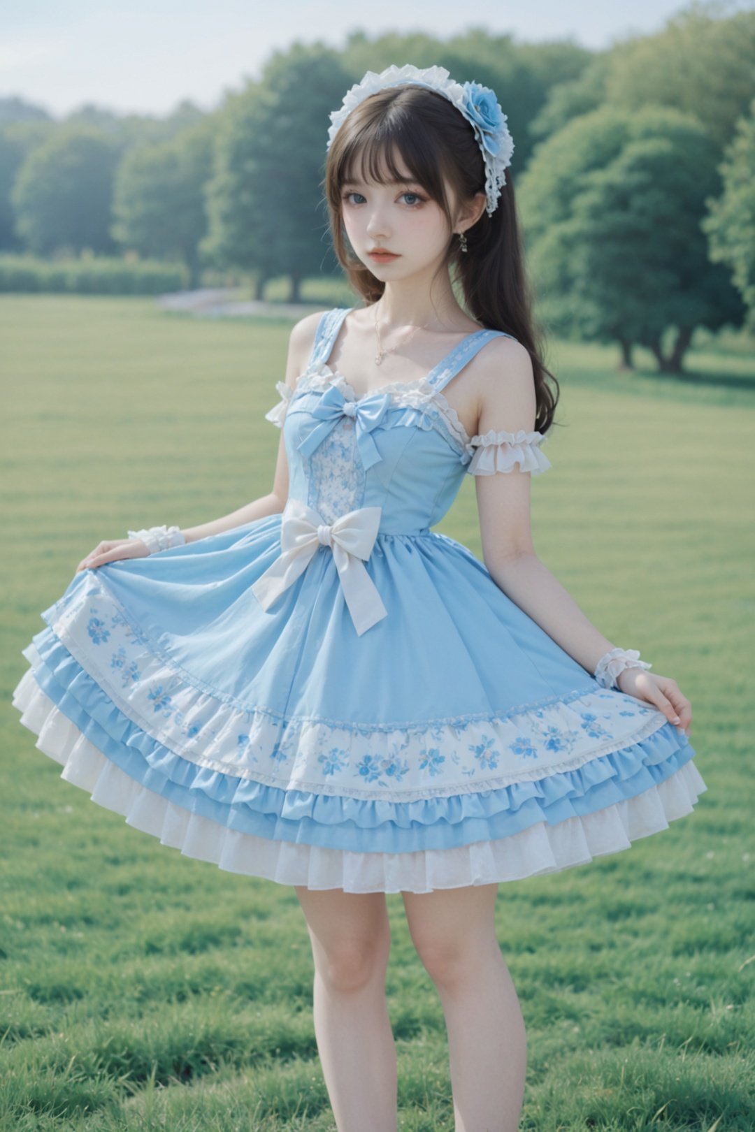 a girl in a lolita dress, lolita_fashion, blue and black,1girl, solo, realistic, full body