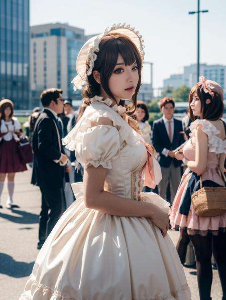 cosplay,pov,natural lighting,1girl,solo,lolita_dress,standing,bonnet,<lora:cuteGirlMix4_v10:0.1>,crowd,cosplay,<lora:Comicon:0.6>,blur,blurry,blurry background,nsfw,