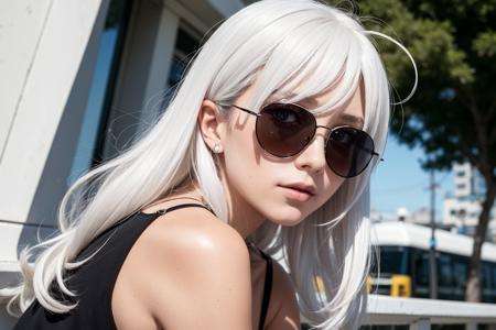 80s anime girl young sunset light white hair sunglasses