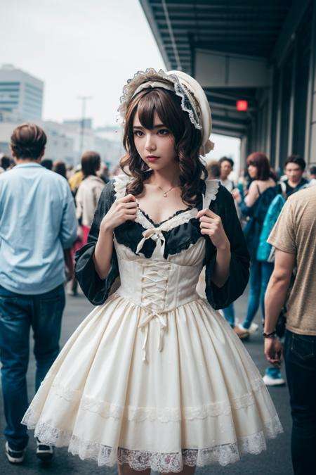 cosplay,pov,natural lighting,1girl,solo,lolita_dress,standing,bonnet,<lora:mix4:0.1>,crowd,cosplay,<lora:cp29:0.6>,blur,blurry,blurry background,nsfw,Insanely Detailed,Art by Gregory Crewdson,Yoji Shinkawa,Guy Denning,James Jean and Liz Gael,Ink Drip,Paint Splatter,((Chiaroscuro)),((((Textured)))),