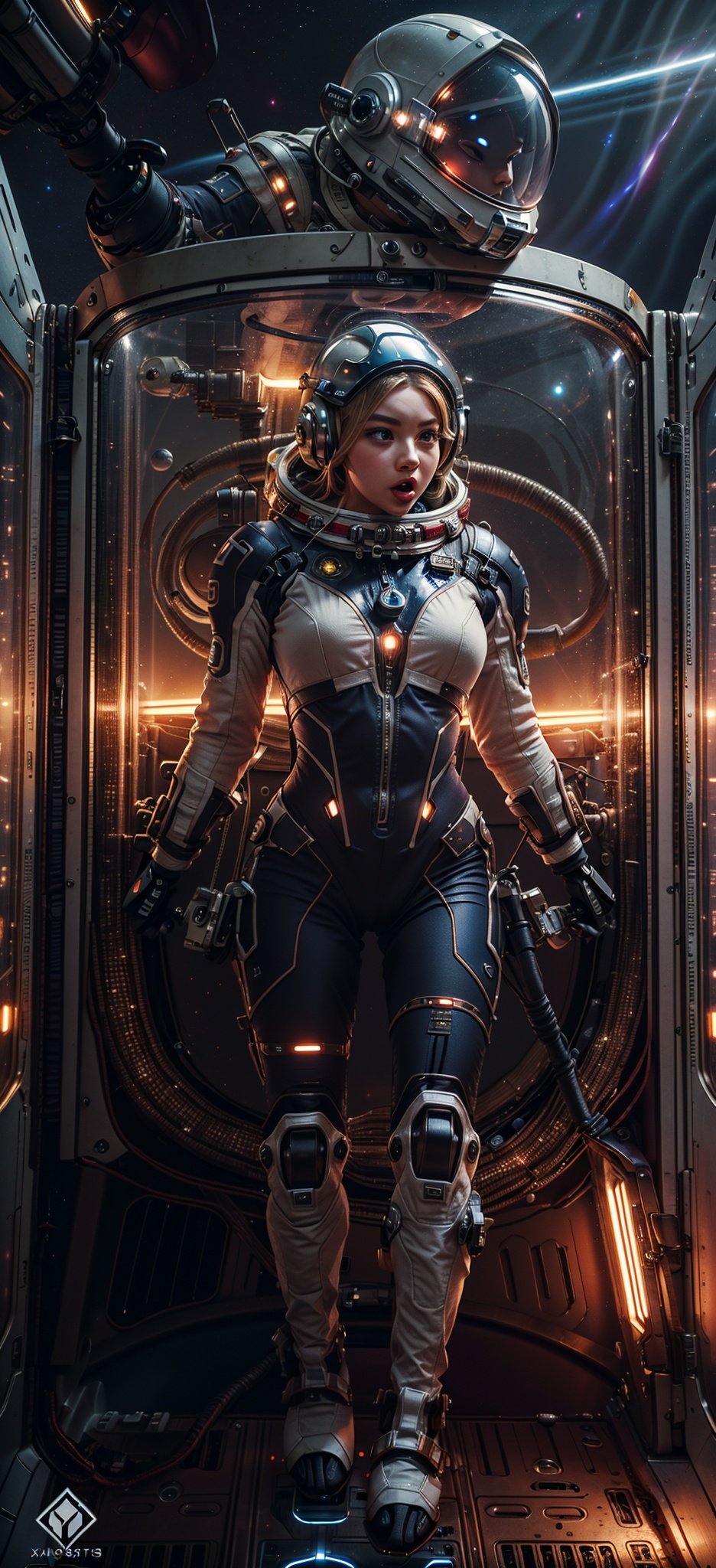 , wearing sexy astrosuit with helmet, inside space station, ulzzang-6500-v1.1, pureerosface_v1, best quality, masterpiece, illustration, (realistic, photo-realistic:1.37), amazing, finely detail, incredibly absurdres, huge filesize, ultra-detailed, highres, extremely detailed CG unity 8k wallpaper, beautiful detailed girl, extremely detailed eyes and face, beautiful detailed eyes, ray tracing, 1girl, medium breasts, heavy breathing, blush, torogao, orgasm, embarrassed, drunk, fucked silly, naughty face, airlock, module, control panel, hatch, console, life support system, workstation, laboratory, sleeping quarters, robotics arm, zero-gravity environment, communication system, (The astronaut is inside a sleek, high-speed spacecraft, wearing a lightweight and semi-transparent space suit made of materials like glass, plastic, or high refractive index media such as titanium dioxide. As the spacecraft hurtles through the vacuum of space, the astronaut maneuvers through a twisting, obstacle-filled course, pushing their reflexes and the limits of their suit to the max. With a helmet featuring a clear visor for optimal visibility, the astronaut navigates sharp turns and tight corners, their eyes fixed firmly on the finish line),Wearing sexy astrosuit,science fiction,Real,FMG,Bodybuilder,Wearing sexy astrosuit with helmet,Update,war between two cities on mars,vortex,Mars background,Inside space station, <lora:EMS-23274-EMS:0.4>, <lora:EMS-14413-EMS:0.8>, <lora:EMS-13400-EMS:0.5>, <lora:EMS-14457-EMS:-0.6>