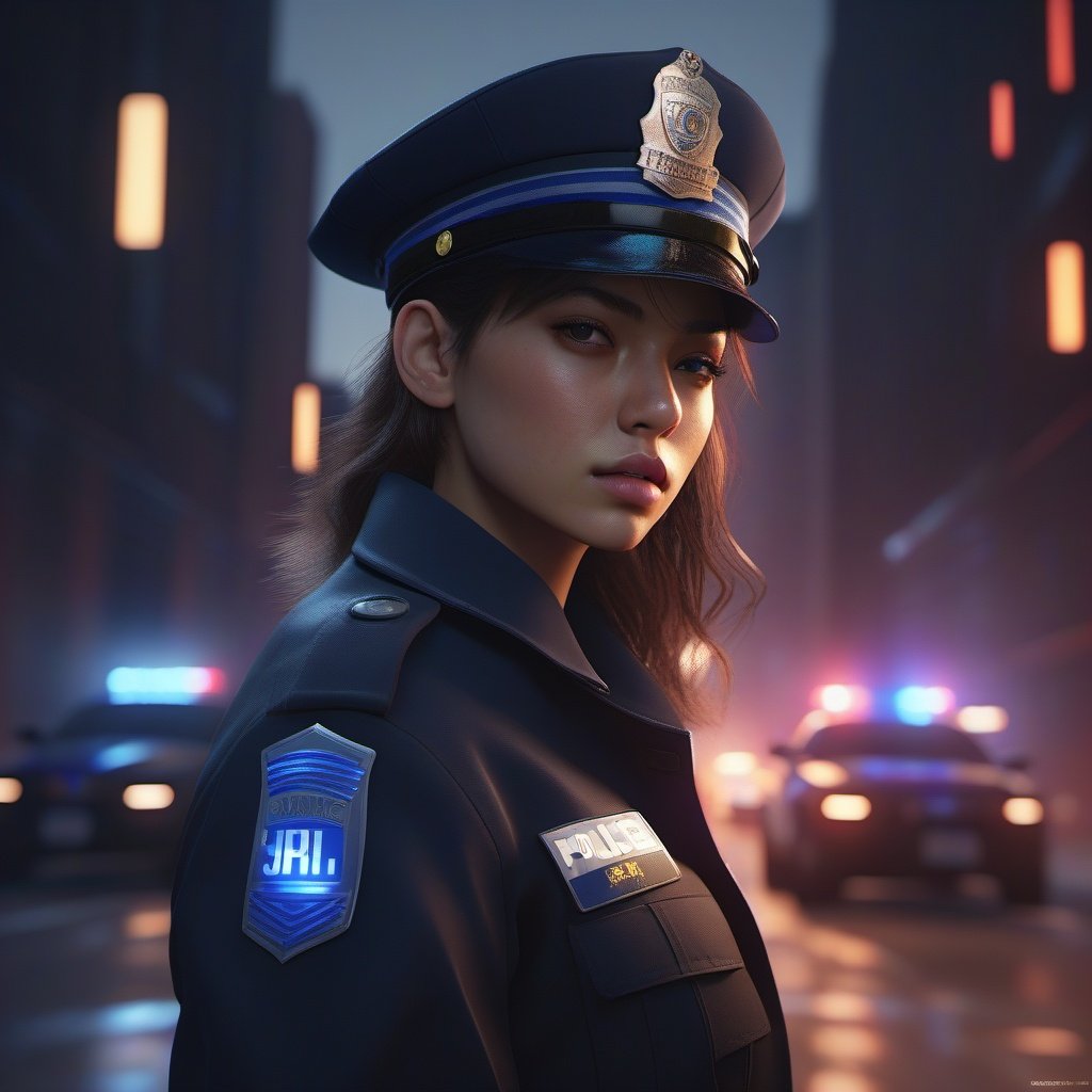 Girl, police,colors, dramatic, ultra realistic , atmospheric, sharp focus, centered, professional, sleek, modern, minimalist, realistic graphics, illustration, unreal engine 
