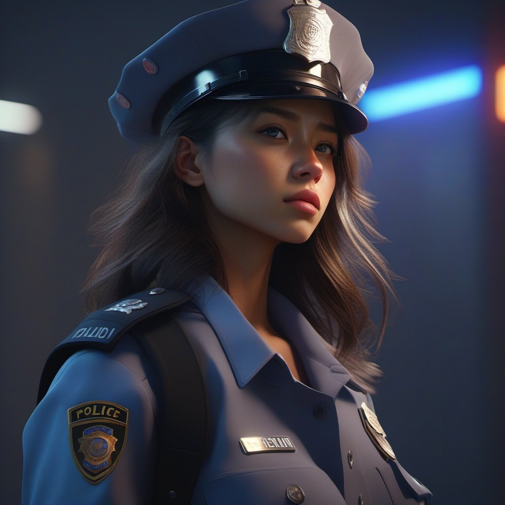 Girl, police,colors, dramatic, ultra realistic , atmospheric, sharp focus, centered, professional, sleek, modern, minimalist, realistic graphics, illustration, unreal engine 
