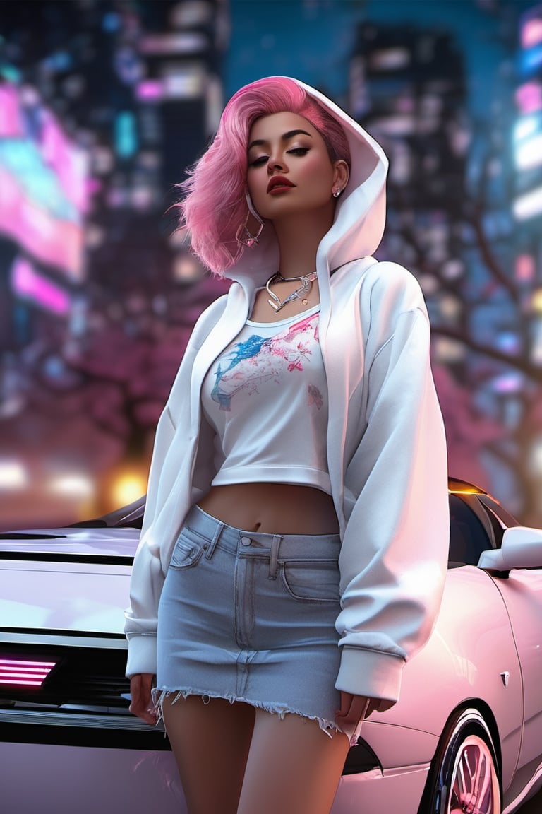 cinnannoe, hyper realistic, view angle from the sky, ultra detailed full body shot of woman in Night City, Ultra perfectly detailed pink car Nissan Silvia s14, around road sakura trees, Cyberpunk theme, white hoodie, T-shirt, black skirt, necklace, high-future vibes, head to toe image, depth of field, hyper detailed gorgeous face, natural body posture, trending on Artstation, 64k, ultra detailed, ultra accurate detailed, surrealism, ultra unreal engine, epic, freckles, stomach, legs, feets