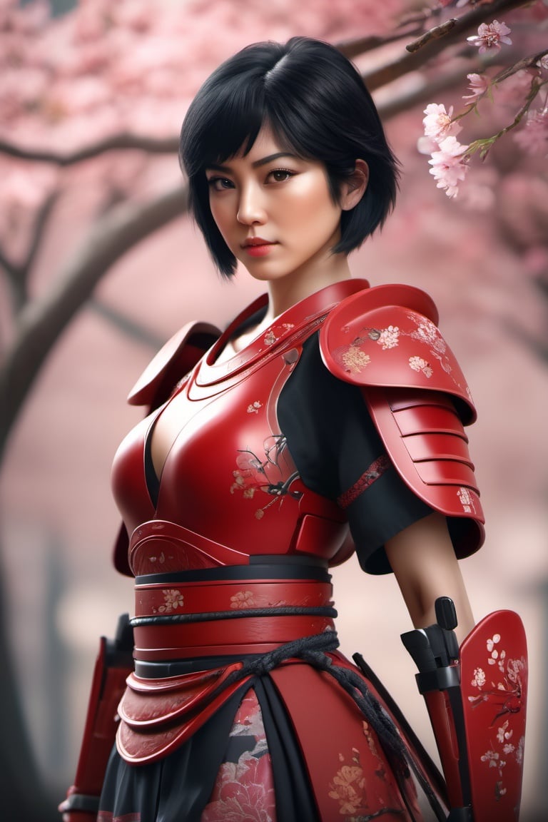 a beautiful short black hair woman, dressed in red samurai armor, red scarlet eyes, with sakura flower in the background, soft lighting, finely detailed features, intricate brush strokes, beautiful lighting,  Cinematic, Color Grading, Depth of Field, intricate details, Unreal Engine, Character Concept Art, creative, expressive, stylized anatomy, digital art, 3D rendering, unique, award-winning, Adobe Photoshop, 3D Studio Max, well-developed concept, distinct personality, consistent style, HW