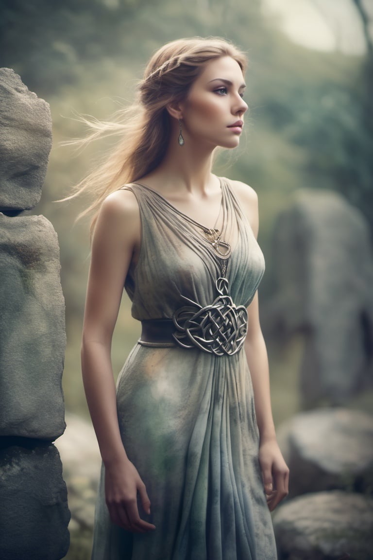 Celtic Warrior Woman, Stone Ruins, Tall and Slender, Flowing Dress with Celtic Knot Jewelry, Procreate, Watercolor Technique, Poster Design, 300 DPI, Soft Lighting, Ethereal Art, Mysterious, Serene Expression, Enchanting Atmosphere, bokeh, photo, 8k, dark, dynamic action, pale washed out style, dreamy nostalgic, soft focus, dark vignetting, light leaks, medium photography, gloomy artistic painterly ethereal, whimsical, coarse grain photo
