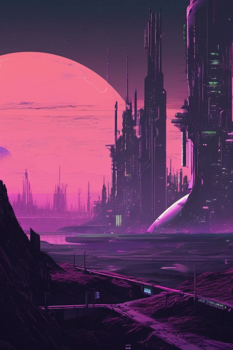 A cyberpunk landscape during Pluto time of day,4nime style