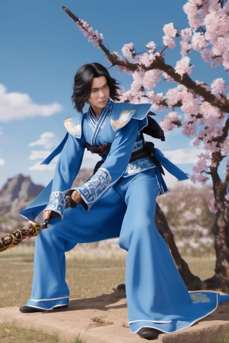 1boy, black-hair, blue eyes, collarbone, lite muscular body, samurai outfit, samurai, holding long katana, blue cloudy sky, daytime, handsome boy, cool look, holding weapon, cutting training, sweat, bamboo, full_body, ,mecha musume,4nime style