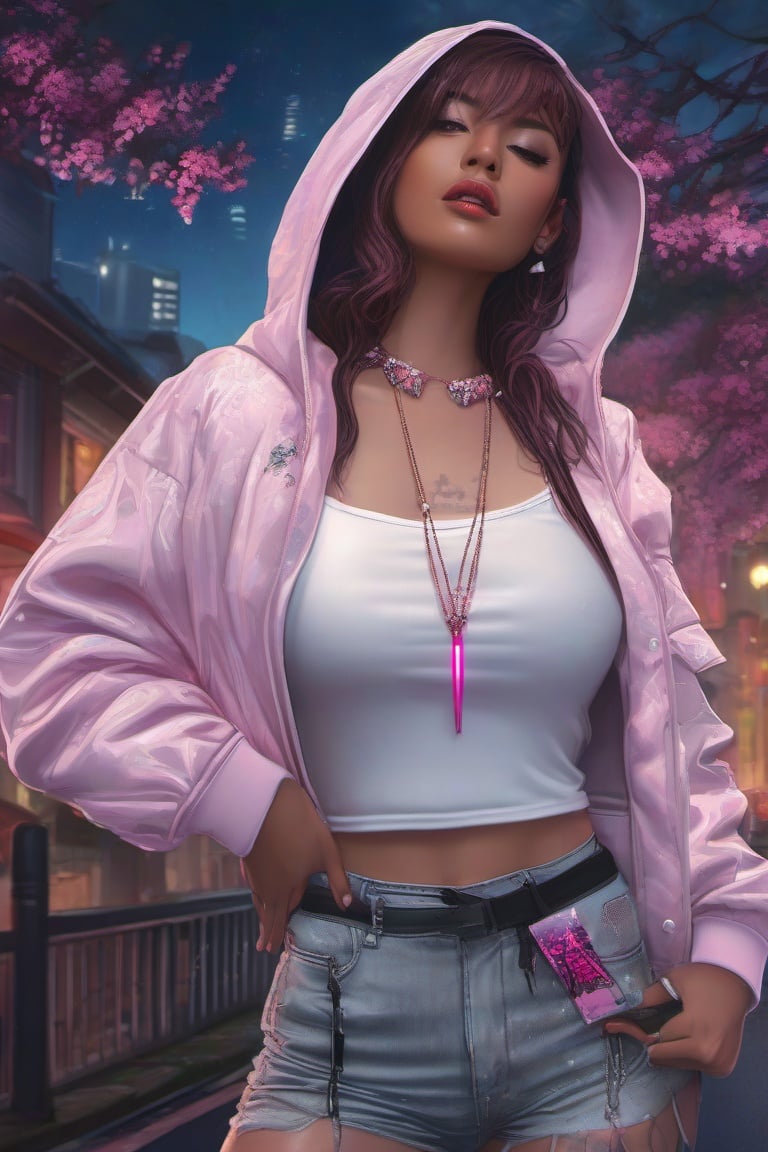 cinnannoe, hyper realistic, view angle from the sky, ultra detailed full body shot of woman in Night City, Ultra perfectly detailed pink car Nissan Silvia s14, around road sakura trees, Cyberpunk theme, white hoodie, T-shirt, black skirt, necklace, high-future vibes, head to toe image, depth of field, hyper detailed gorgeous face, natural body posture, trending on Artstation, 64k, ultra detailed, ultra accurate detailed, surrealism, ultra unreal engine, epic, freckles, stomach, legs, feets