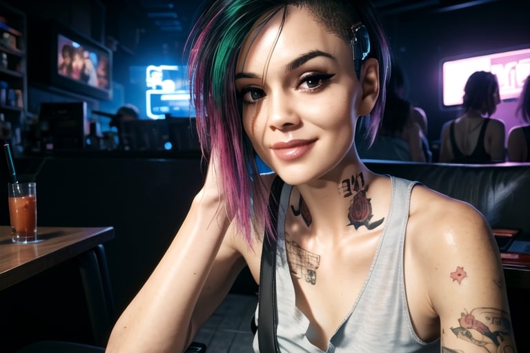 zoomed on face, close up, 1 woman, cyberpunk, smile, tank top, selife, drinks, smoking, sexy