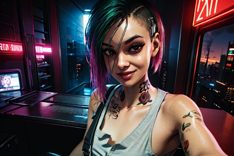 zoomed on face, close up, 1 woman, cyberpunk, smile, tank top, selife, drinks, smoking, sexy, apartment. bedroom,