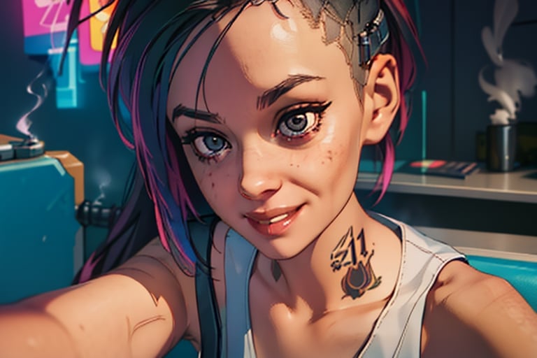 zoomed on face, close up, 1 woman, cyberpunk, smile, tank top, selife, drinks, smoking, sexy