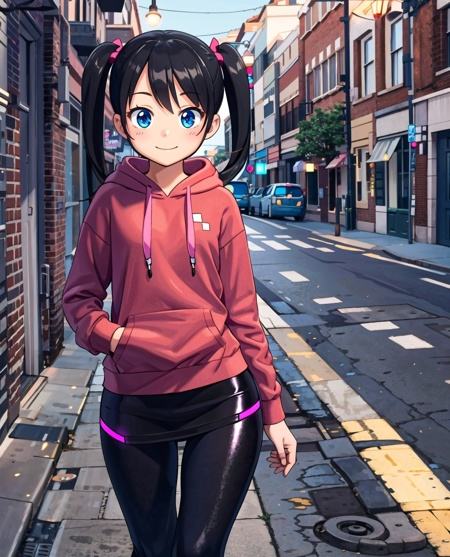 (grainy:0.5),girl,(black leggings:1.2),skirt, (red soft big hoodie:1.1),messy medium twintail,buttefly hairpin,:P, smiling, soft skin, expensive clothing, cel shaded,  Shimmering light, Glowing, perfect anatomy, finely detailed, masterpiece, Cinematic lighting,