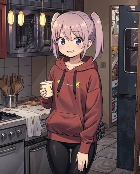 (grainy:0.5),girl,(black leggings:1.2),eating,kitchen, (red soft big hoodie:1.1),messy medium twintail,buttefly hairpin,smiling, soft skin, expensive clothing, cel shaded, perfect anatomy, finely detailed, masterpiece, Cinematic lighting,