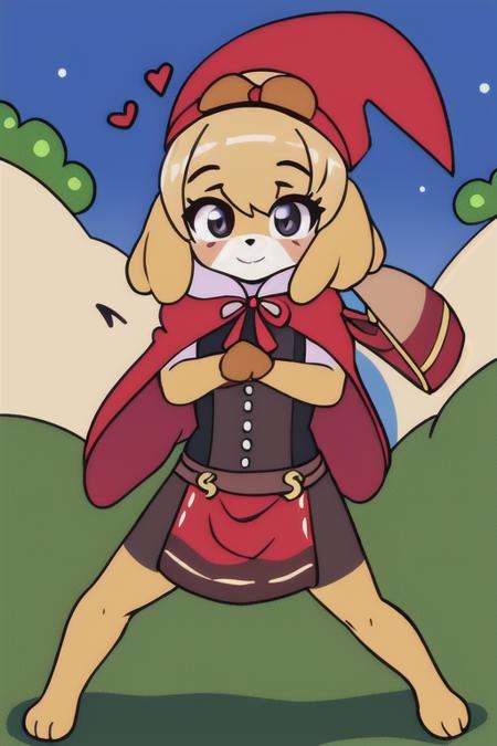 1girl, young woman, isaCrossing, looking at viewer, furry female, blond hair, spring, battoujutsu stance <lora:isabelleAnimal_v10:0.9> little red riding hood costume, magatama, delightful