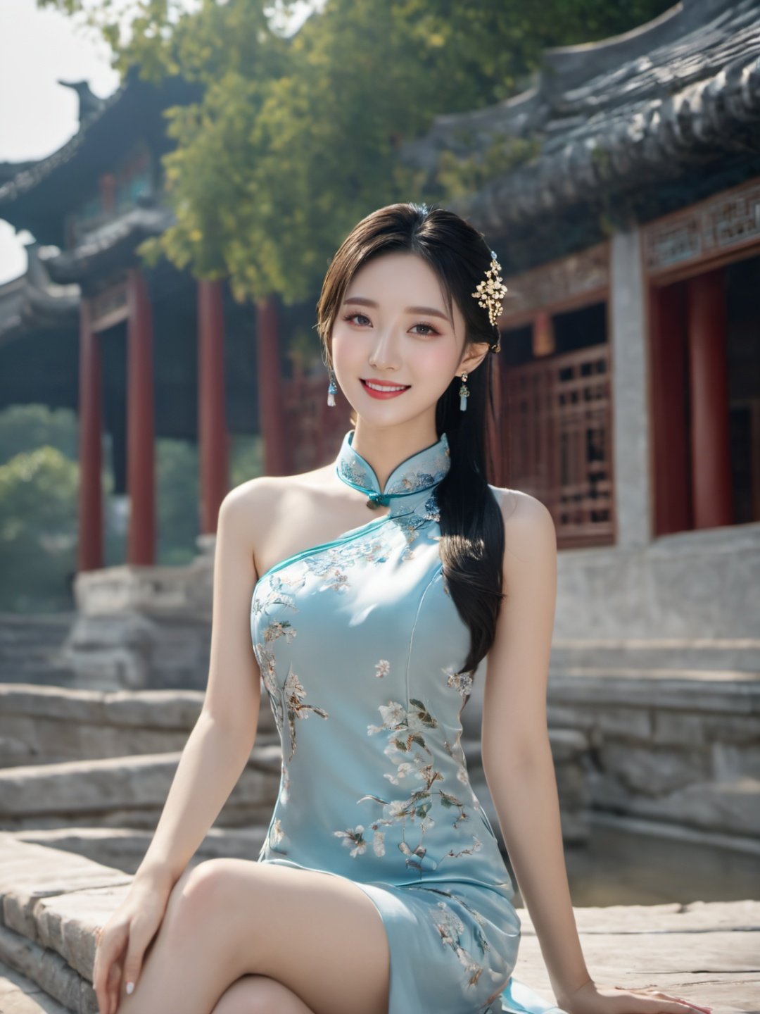 1girl,chinaderss,qipao,<lora:qipao:0.8>,full body,barefoot,big chest,outdoor,chinese ancient architecture,expose thighs,smile,<lora:last (1):0.8> <lora:眼部细节DetailedEyes_xl_V2:0.8>,(sitting:1.3),