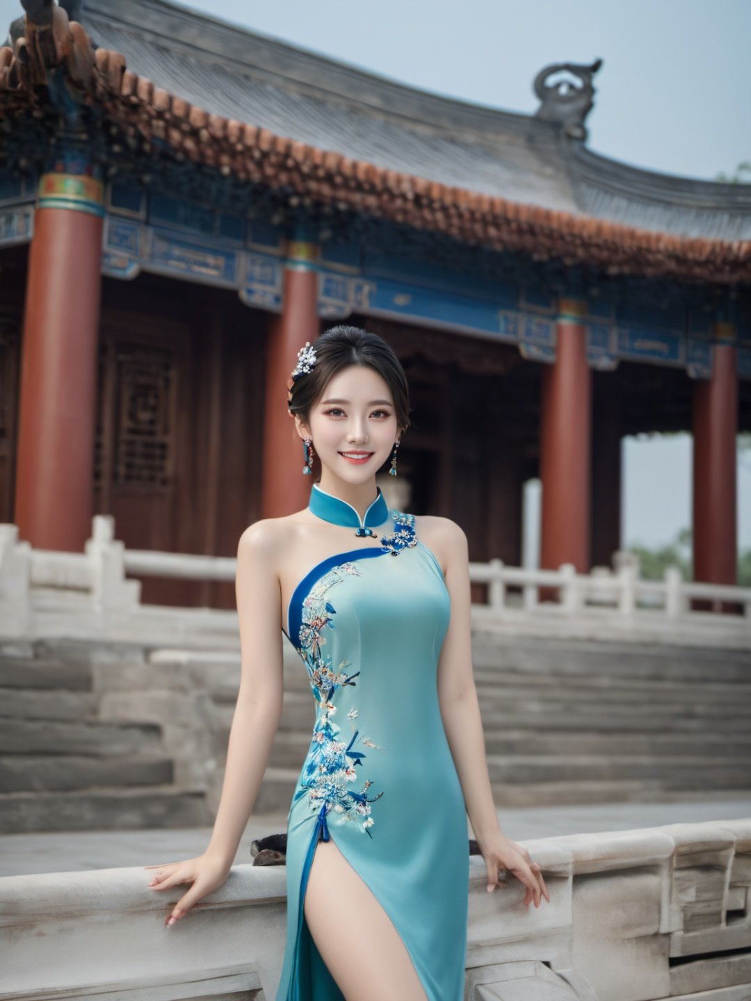 1girl,chinaderss,qipao,<lora:qipao:0.8>,full body,barefoot,big chest,outdoor,chinese ancient architecture,expose thighs,smile,<lora:last (1):0.8> <lora:眼部细节DetailedEyes_xl_V2:0.8>,