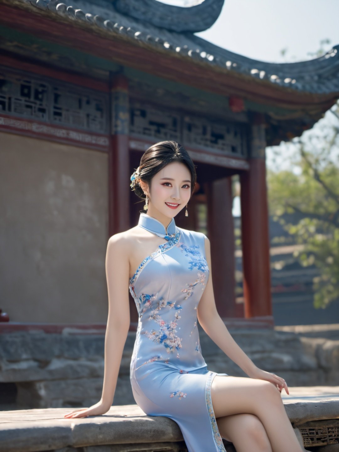 1girl,chinaderss,qipao,<lora:qipao:0.8>,full body,barefoot,big chest,outdoor,chinese ancient architecture,expose thighs,smile,<lora:last (1):0.8> <lora:眼部细节DetailedEyes_xl_V2:0.8>,(sitting:1.3),