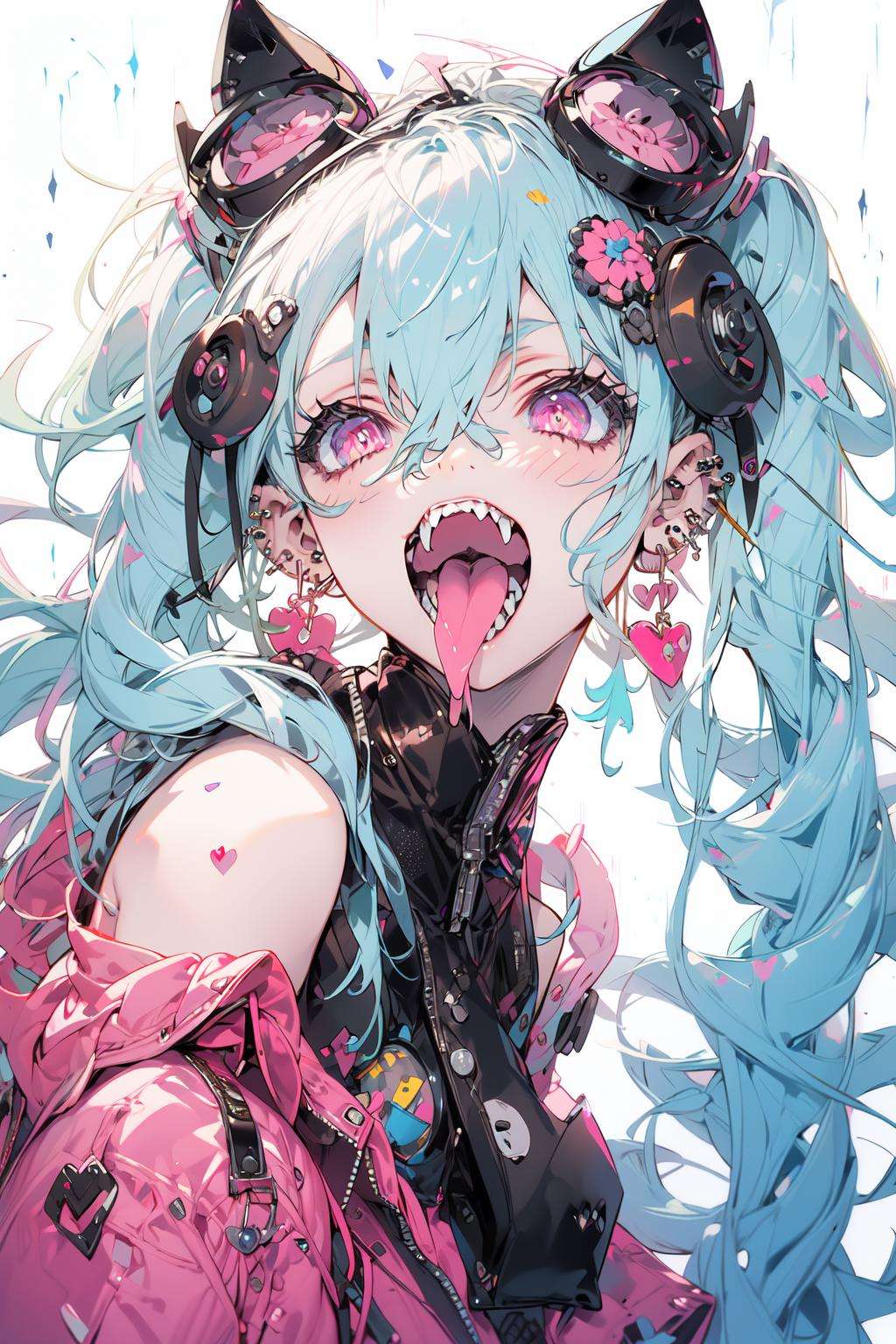 (masterpiece:1.2), best quality,PIXIV,Rebellious girl,portrait, 1girl, tongue, solo, tongue out, teeth, open mouth, jewelry, earrings, blue hair, piercing, looking at viewer, tongue piercing, sharp teeth, pink eyes, hair between eyes, ear piercing, long hair, bangs, hair ornament, bare shoulders <lora:Rebellious girl_20230813171407:1>