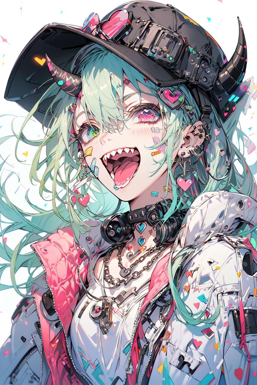 (masterpiece:1.2), best quality,PIXIV,Rebellious girl,portrait, 1girl, solo, tongue, hat, teeth, jewelry, sharp teeth, green hair, multicolored hair, looking at viewer, green eyes, open mouth, jacket, tongue out, piercing, necklace, heterochromia, ear piercing, upper body, bandaid, horns, baseball cap, hair between eyes, choker, bandaid on face, black shirt, pink eyes, earrings, bangs, simple background, hair ornament, smile, heart, open clothes, white background, open jacket, collar, badge, shirt, chain, chain necklace, streaked hair, white jacket, hairclip, spikes <lora:Rebellious girl_20230813171407:1>