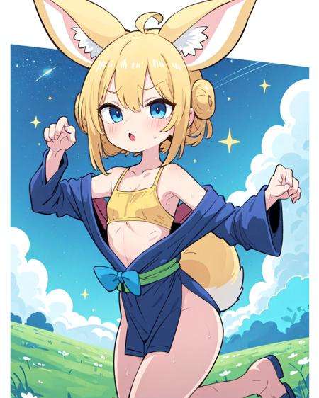 masterpiece, 1girl, flat chest, Kimono, Space buns, confused, exercising, Whimsical meadow, energetic, blue eyes, fennec ears, blonde hair