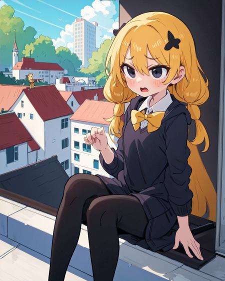 masterpiece, 1girl, dress, Ringlets, surprised, sitting, School rooftop, curious, black eyes, leggings