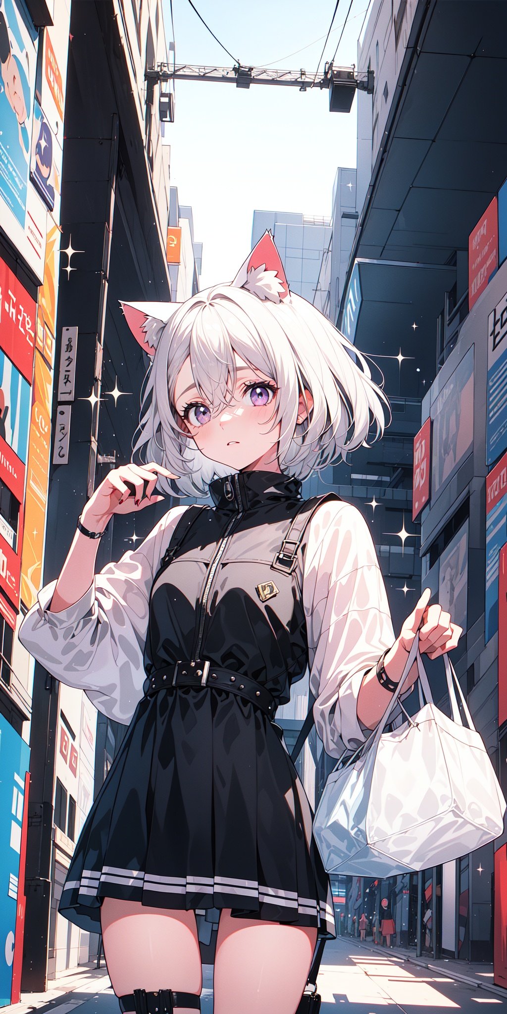 (masterpiece:1.3)), (cat ears, ((short hair)), silver hair, white hair, purple eyes:1.5), 1girl solo ((sparkle:1.3)), eye focus, ((1girl)),Android, ((solo)), cowboy_shot, beautiful detailed eyes, expressive eyes, pretty eyelashes, ((shiny eyes)), (((glossy eyes))), reflective eyes, sparkly eyes, sparkles in eyes, cyborg, artificial arms, artificial legs, ((1990s (style):1.4)), ((vaporwave:1.3)), (purple_theme:1.1), neon_palette, ((neon_lights)), chromatic_aberration, (scan_lines:0.5) ,((commercial street)),(Carrying a transparent small handbag),There are of course those who do not want us to speak We spin the world like a pinball machine We have thoughts of a life in abundance Day and night we wish movies were real And what's behind the screen is our entrance I'm like a satellite Transmitting different eras I am the voice of the next generation Completely digital Create synthetic auras Start a revolution now You will never have to cry 'Cause the future is sold You can never die And you'll never grow old Oh, oh-oh But everything surrounding you is digital Never break the mold You do as you're told Freedom is for sale If you give them control Oh, oh-oh Erase return In the digital world I know it feels like you're part of a dream You can fly and fight wars without judgement You respawn and mistakes will repeal But you will always be searching for an answer I'm like a satellite Transmitting different eras I am the voice of the next generation Completely digital Create synthetic auras Start a revolution now You will never have to cry 'Cause the future is sold You can never die And you'll never grow old Oh, oh-oh But everything surrounding you is digital Never break the mold You do as you're told Freedom is for sale If you give them control Oh, oh-oh Erase return In the digital world Start a revolution now Start a revolution now (Now, now, now, now, now) (We have thoughts of a life in abundance) (Day and night we wish movies were real) (And what's behind the screen is our entrance) You will never have to cry 'Cause the future is sold You can never die And you'll never grow old Oh, oh-oh But everything surrounding you is digital Never break the mold You do as you're told Freedom is for sale If you give them control Oh, oh-oh Erase return In the digital world, fcportrait